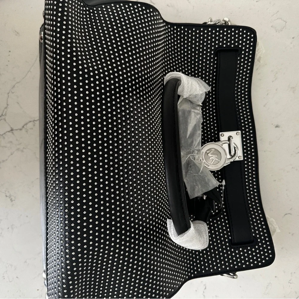 Michael Kors Black Studded Satchel with Silver MK Padlock